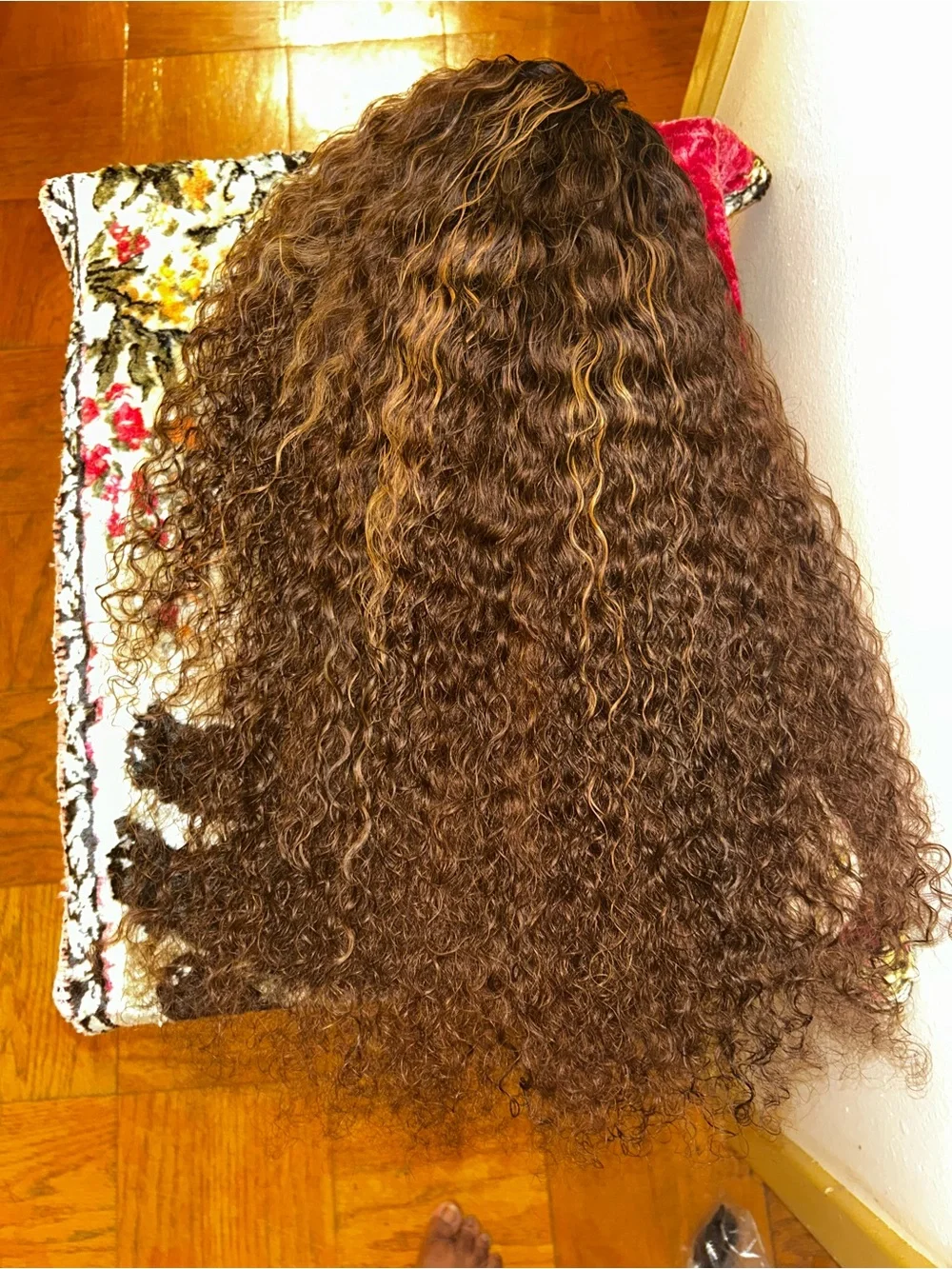 Natural Curly Brown Wig with Honey Blonde Highlights - Unbranded